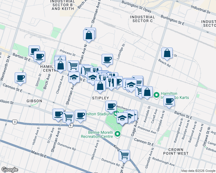 map of restaurants, bars, coffee shops, grocery stores, and more near 779 Barton Street East in Hamilton