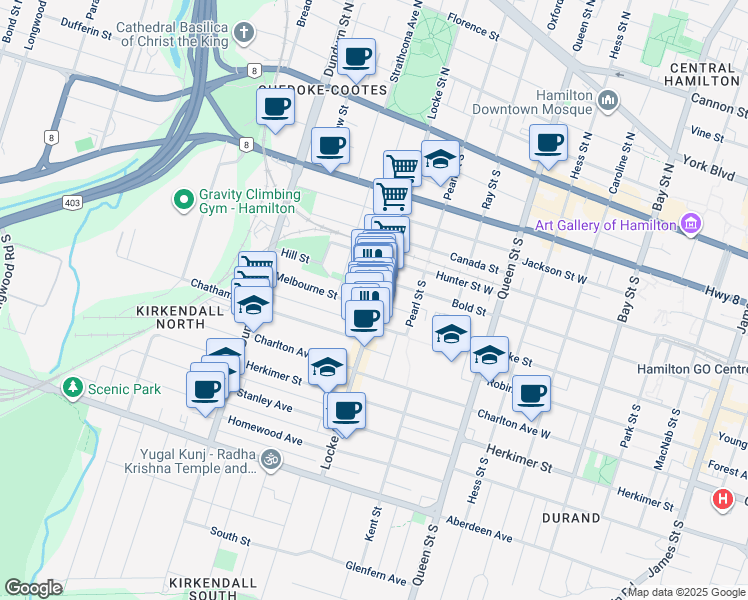 map of restaurants, bars, coffee shops, grocery stores, and more near 184 Locke Street South in Hamilton