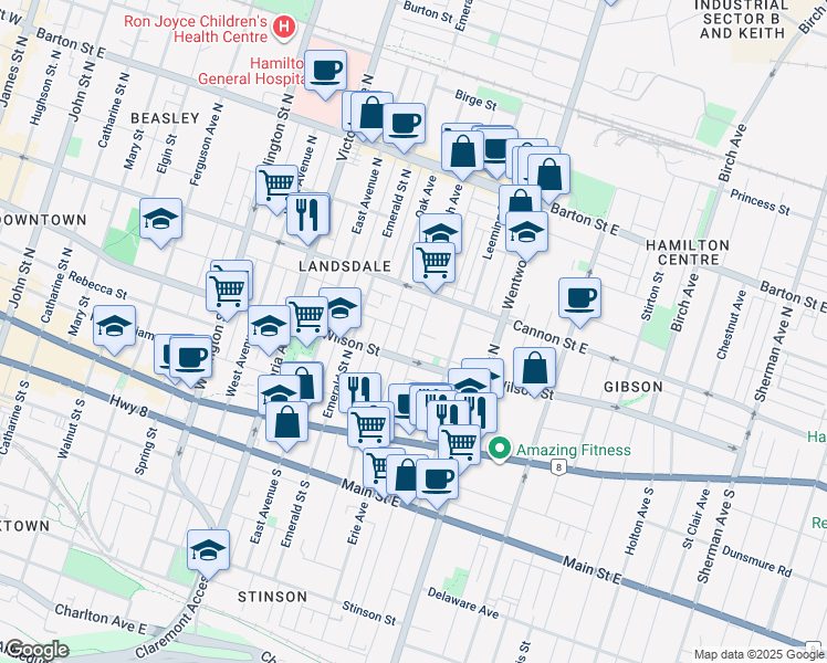 map of restaurants, bars, coffee shops, grocery stores, and more near 99 Steven Street in Hamilton