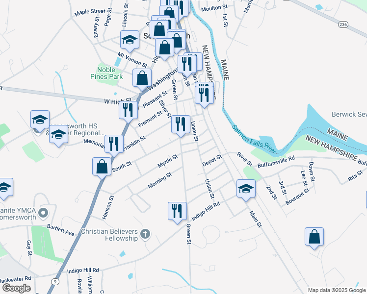 map of restaurants, bars, coffee shops, grocery stores, and more near 14 School Street in Somersworth