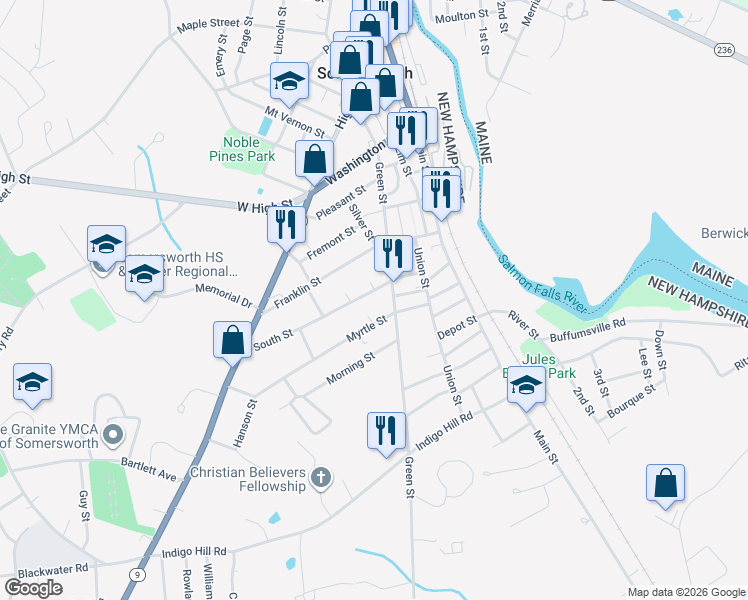 map of restaurants, bars, coffee shops, grocery stores, and more near 14 South Street in Somersworth