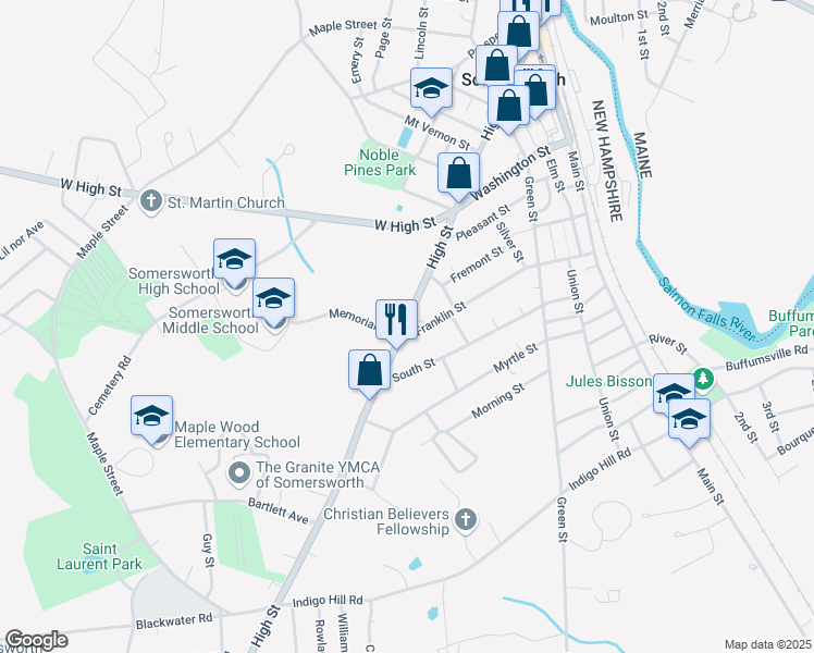 map of restaurants, bars, coffee shops, grocery stores, and more near in Somersworth