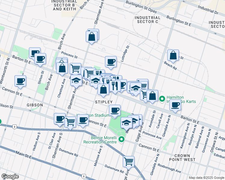 map of restaurants, bars, coffee shops, grocery stores, and more near 777 Barton Street East in Hamilton