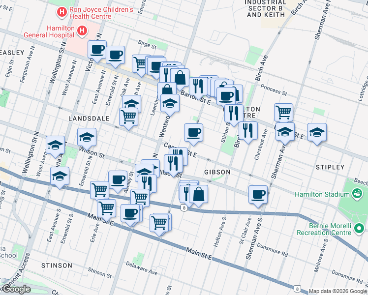map of restaurants, bars, coffee shops, grocery stores, and more near in Hamilton