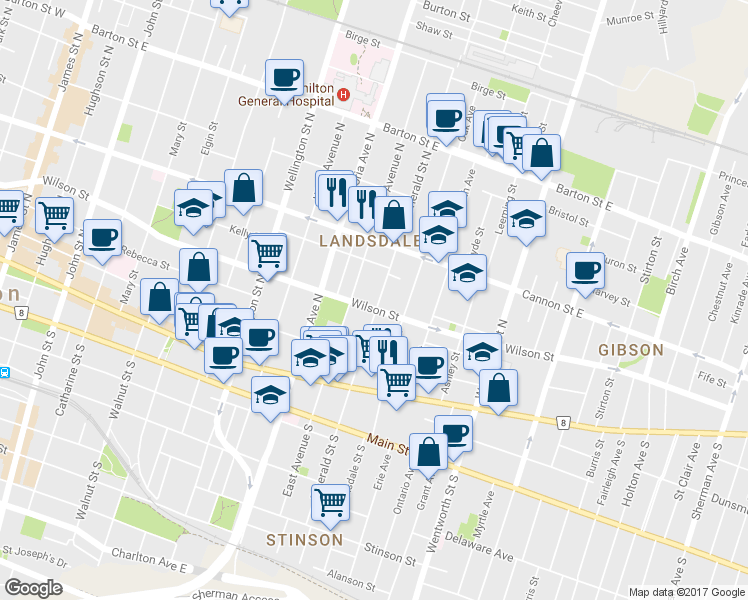 map of restaurants, bars, coffee shops, grocery stores, and more near in Hamilton