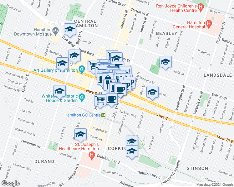 map of restaurants, bars, coffee shops, grocery stores, and more near 62 King Street East in Hamilton