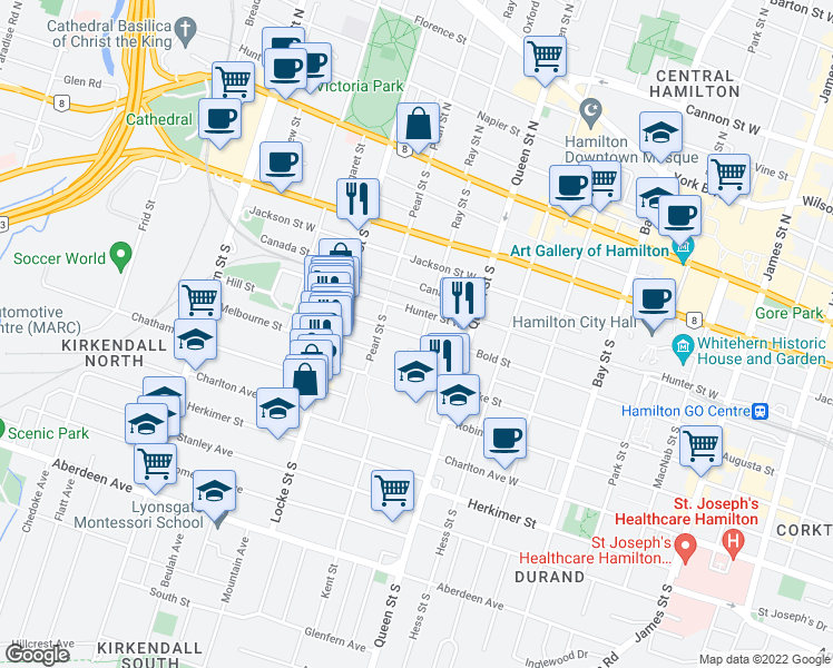 map of restaurants, bars, coffee shops, grocery stores, and more near 262 Bold Street in Hamilton