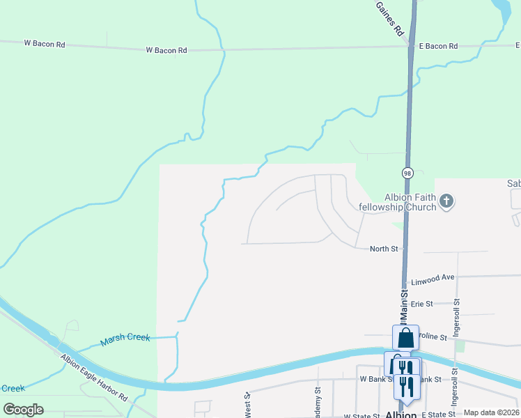 map of restaurants, bars, coffee shops, grocery stores, and more near 445 Oak Orchard Estate in Albion