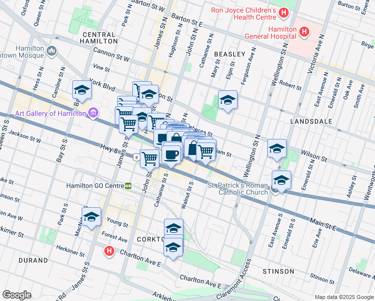 map of restaurants, bars, coffee shops, grocery stores, and more near 7 Mary Street in Hamilton