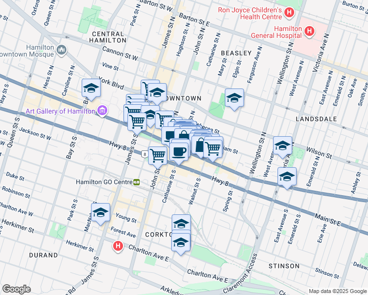 map of restaurants, bars, coffee shops, grocery stores, and more near 129 King Street East in Hamilton