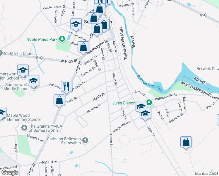 map of restaurants, bars, coffee shops, grocery stores, and more near 14 School Street in Somersworth