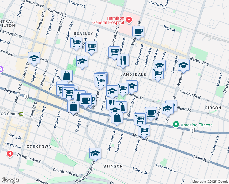 map of restaurants, bars, coffee shops, grocery stores, and more near 79 Victoria Avenue North in Hamilton
