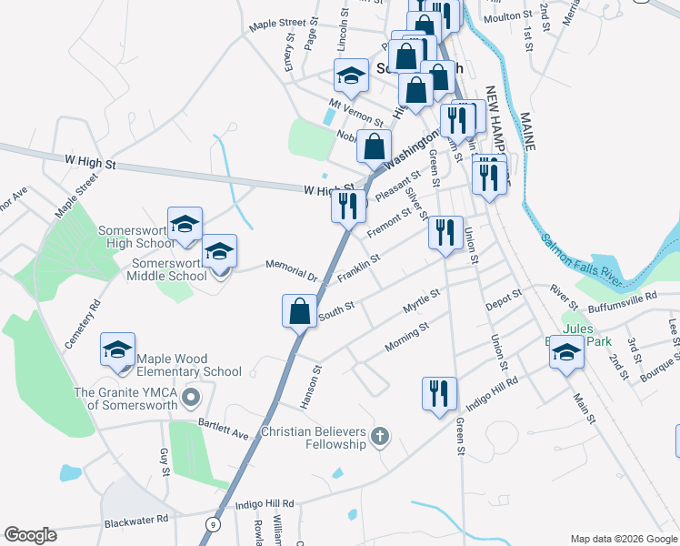 map of restaurants, bars, coffee shops, grocery stores, and more near 117 Franklin Street in Somersworth