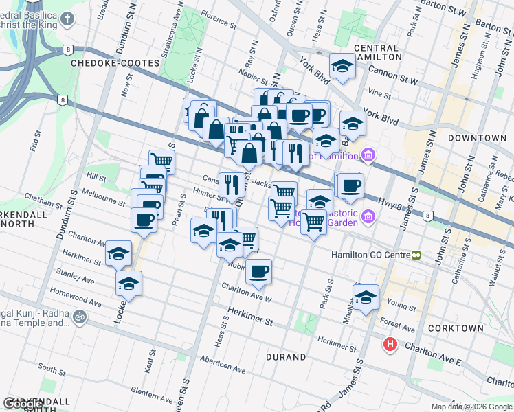 map of restaurants, bars, coffee shops, grocery stores, and more near Hunter Street West in Hamilton