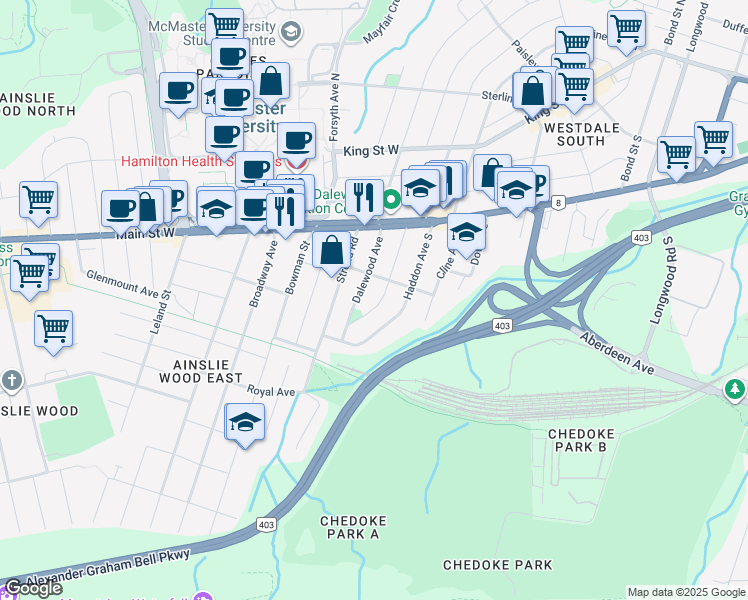 map of restaurants, bars, coffee shops, grocery stores, and more near 80 Gary Avenue in Hamilton