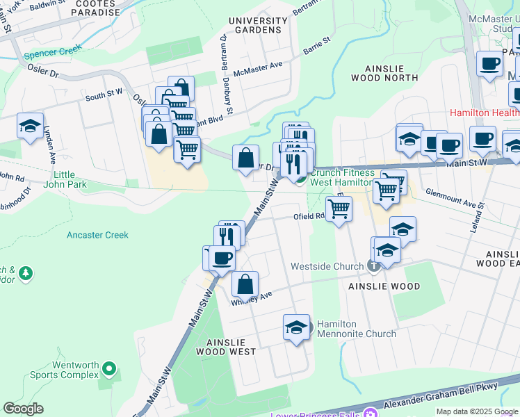 map of restaurants, bars, coffee shops, grocery stores, and more near 1760 Main St W in Hamilton Division