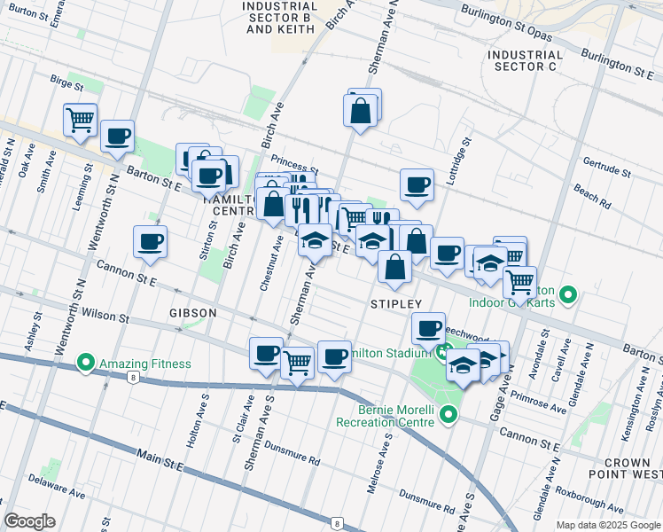 map of restaurants, bars, coffee shops, grocery stores, and more near 15 Saint Ann Street in Hamilton