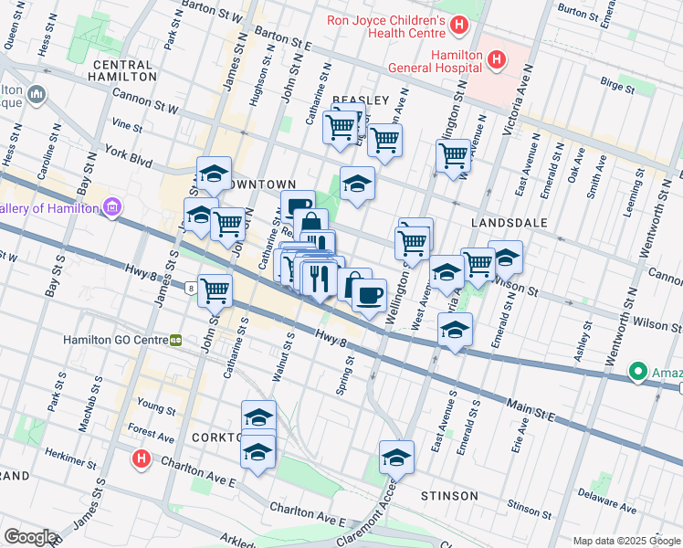 map of restaurants, bars, coffee shops, grocery stores, and more near 197 King William Street in Hamilton