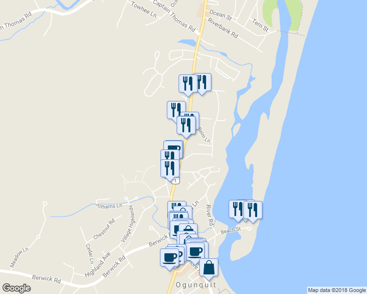 map of restaurants, bars, coffee shops, grocery stores, and more near 401 Main Street in Ogunquit