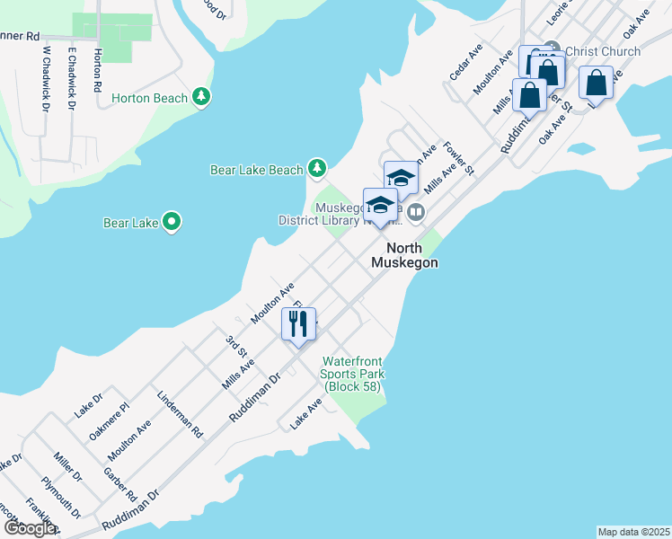map of restaurants, bars, coffee shops, grocery stores, and more near 1306 Mills Avenue in Muskegon