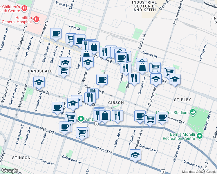 map of restaurants, bars, coffee shops, grocery stores, and more near 24 Harvey Street in Hamilton