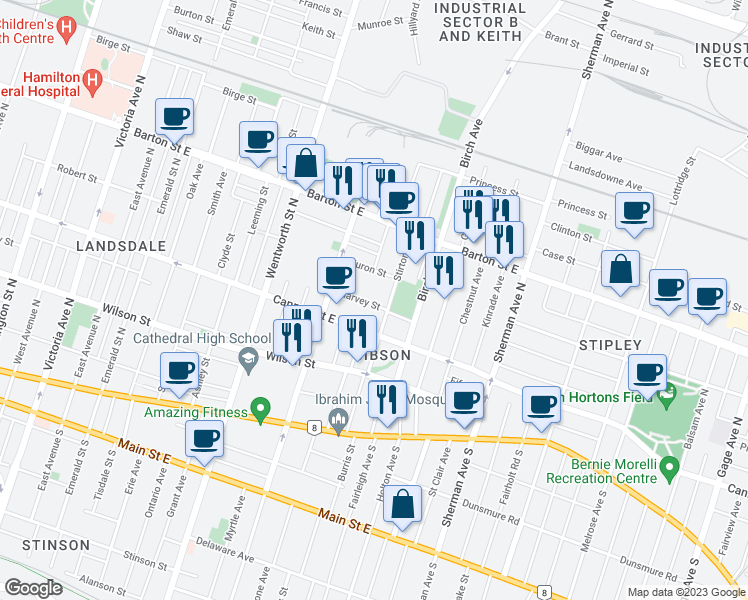map of restaurants, bars, coffee shops, grocery stores, and more near 43 Harvey Street in Hamilton