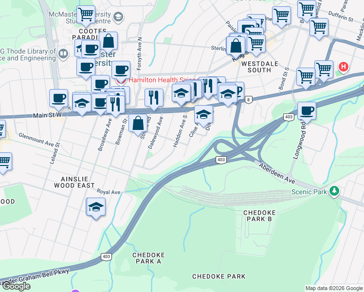 map of restaurants, bars, coffee shops, grocery stores, and more near 51 Westwood Avenue in Hamilton