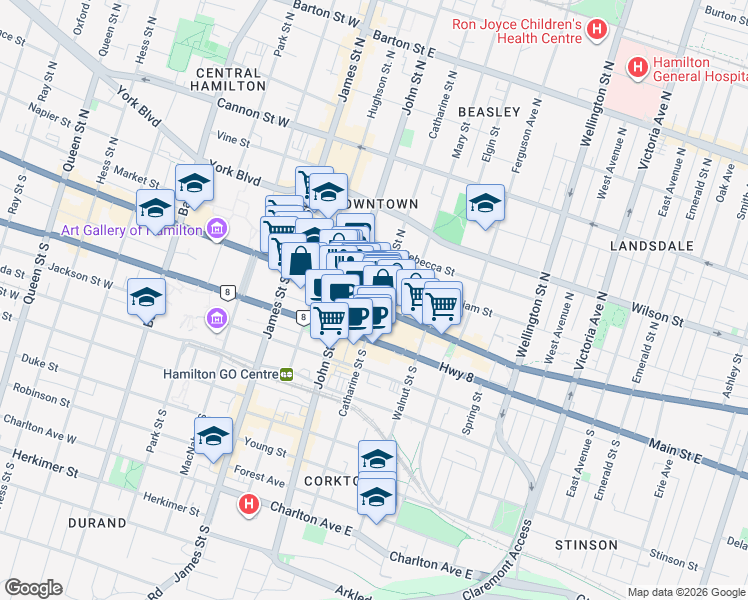 map of restaurants, bars, coffee shops, grocery stores, and more near 121 King Street East in Hamilton
