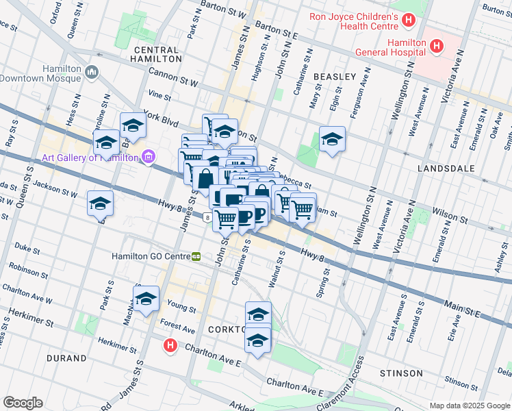 map of restaurants, bars, coffee shops, grocery stores, and more near in Hamilton