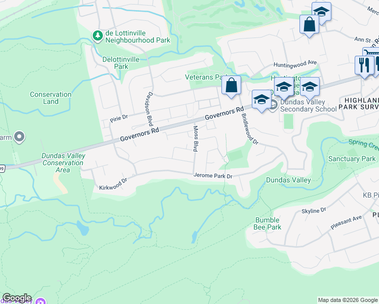 map of restaurants, bars, coffee shops, grocery stores, and more near 4 Lennard Crescent in Hamilton
