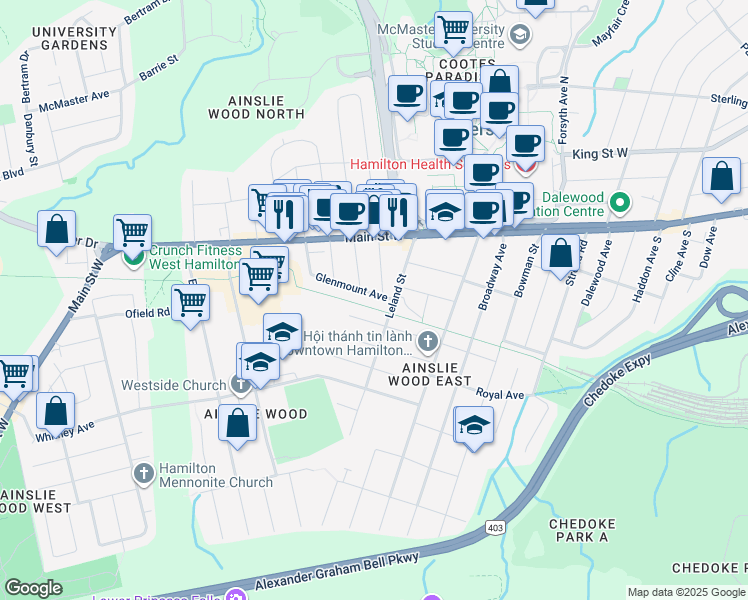 map of restaurants, bars, coffee shops, grocery stores, and more near 17 Glenmount Avenue in Hamilton