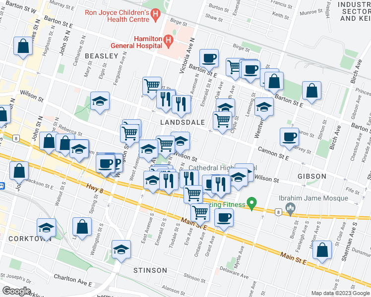 map of restaurants, bars, coffee shops, grocery stores, and more near 97 Emerald Street North in Hamilton