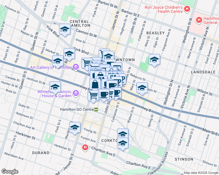 map of restaurants, bars, coffee shops, grocery stores, and more near 66 King Street East in Hamilton