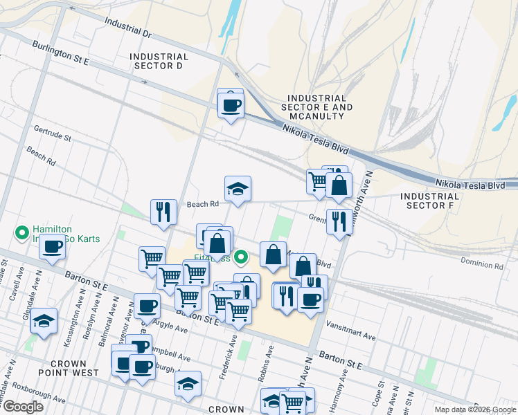 map of restaurants, bars, coffee shops, grocery stores, and more near 46 Bayfield Avenue in Hamilton