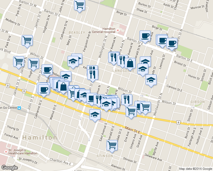 map of restaurants, bars, coffee shops, grocery stores, and more near in Hamilton