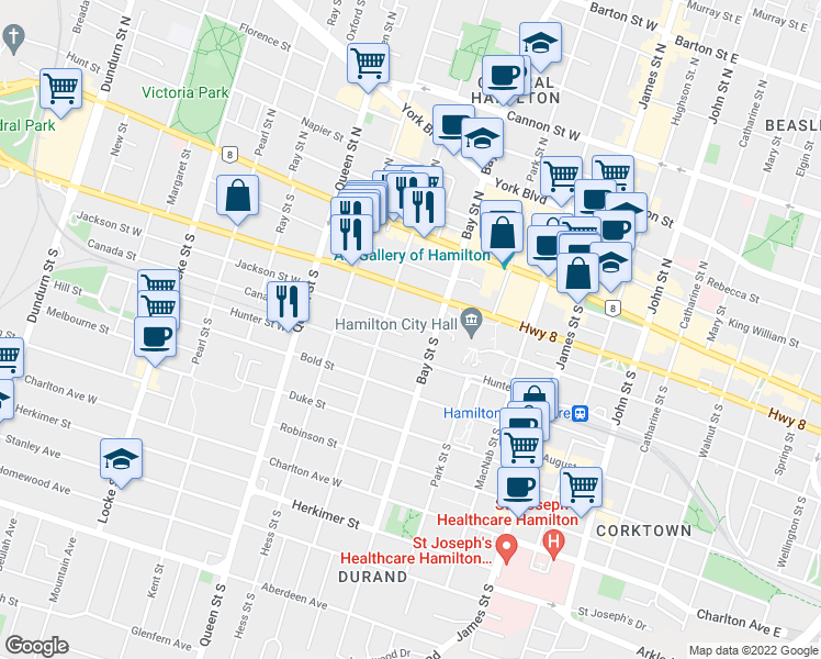 map of restaurants, bars, coffee shops, grocery stores, and more near 129 Jackson Street West in Hamilton