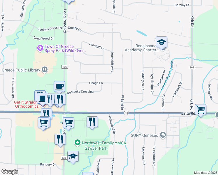 map of restaurants, bars, coffee shops, grocery stores, and more near 17 Geiger Circle in Rochester