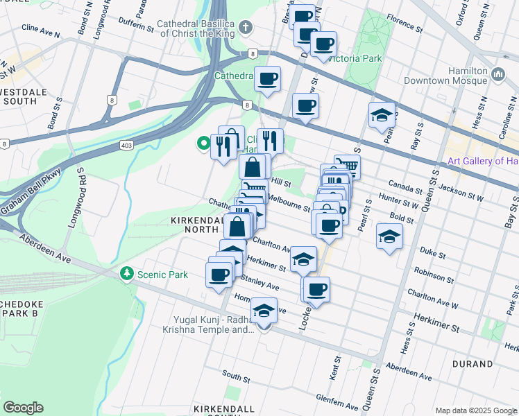 map of restaurants, bars, coffee shops, grocery stores, and more near 211 Dundurn Street South in Hamilton