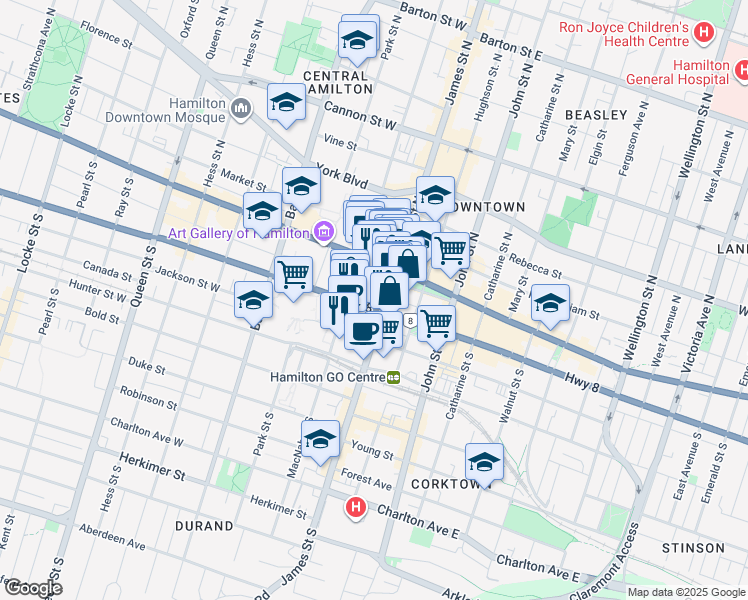 map of restaurants, bars, coffee shops, grocery stores, and more near 36 James Street South in Hamilton