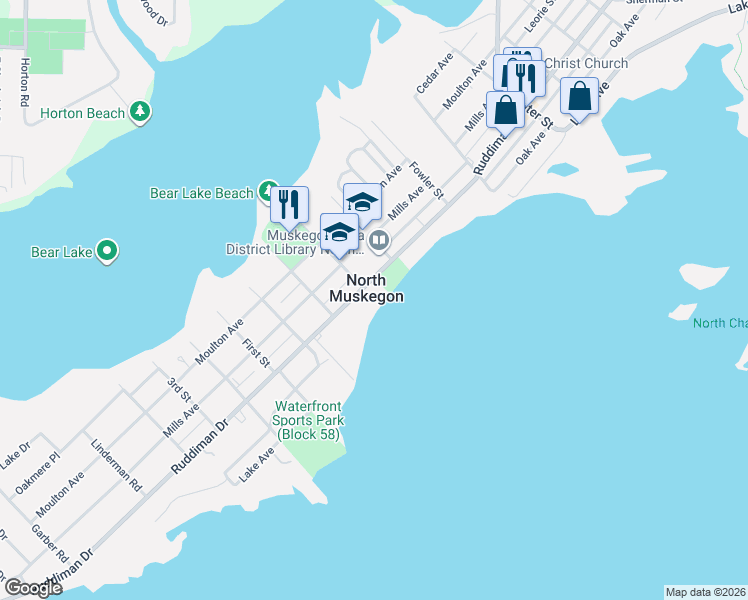 map of restaurants, bars, coffee shops, grocery stores, and more near 1505 Ruddiman Drive in Muskegon