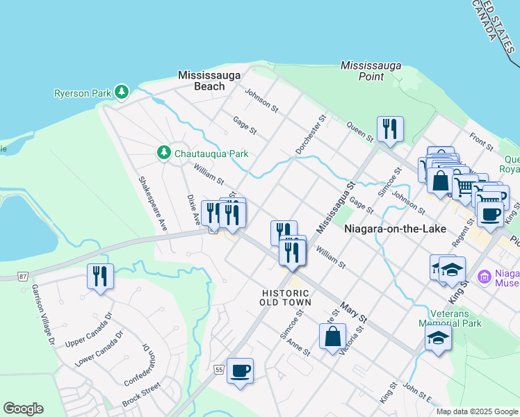 map of restaurants, bars, coffee shops, grocery stores, and more near William St & Dorchester St in Niagara-on-the-Lake