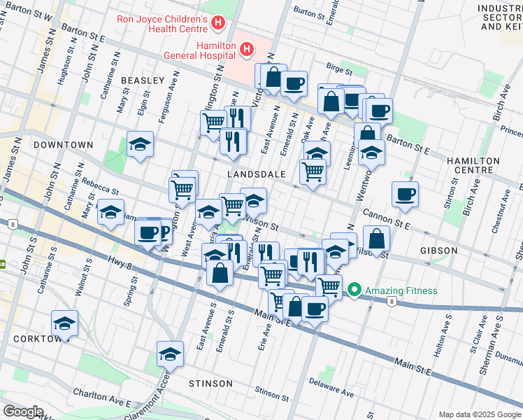 map of restaurants, bars, coffee shops, grocery stores, and more near 99 Emerald Street North in Hamilton