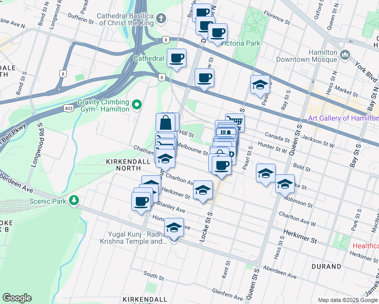 map of restaurants, bars, coffee shops, grocery stores, and more near 69 Melbourne Street in Hamilton