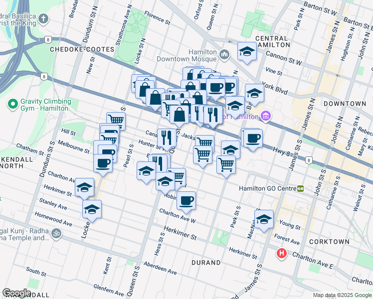 map of restaurants, bars, coffee shops, grocery stores, and more near 110 Hess Street South in Hamilton