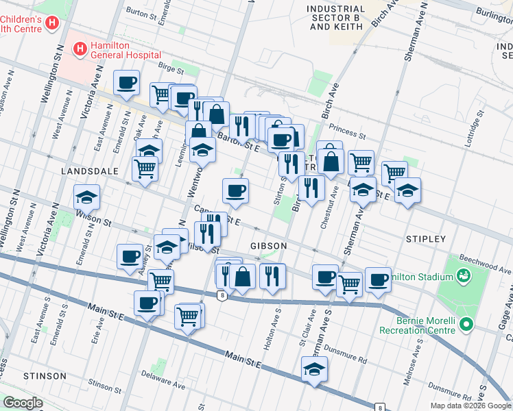 map of restaurants, bars, coffee shops, grocery stores, and more near 33 Harvey Street in Hamilton