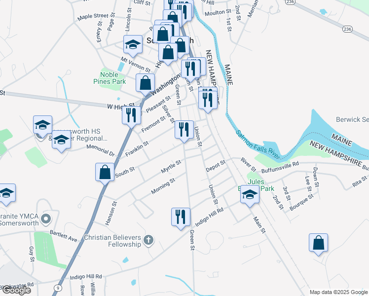 map of restaurants, bars, coffee shops, grocery stores, and more near 104 Green Street in Somersworth