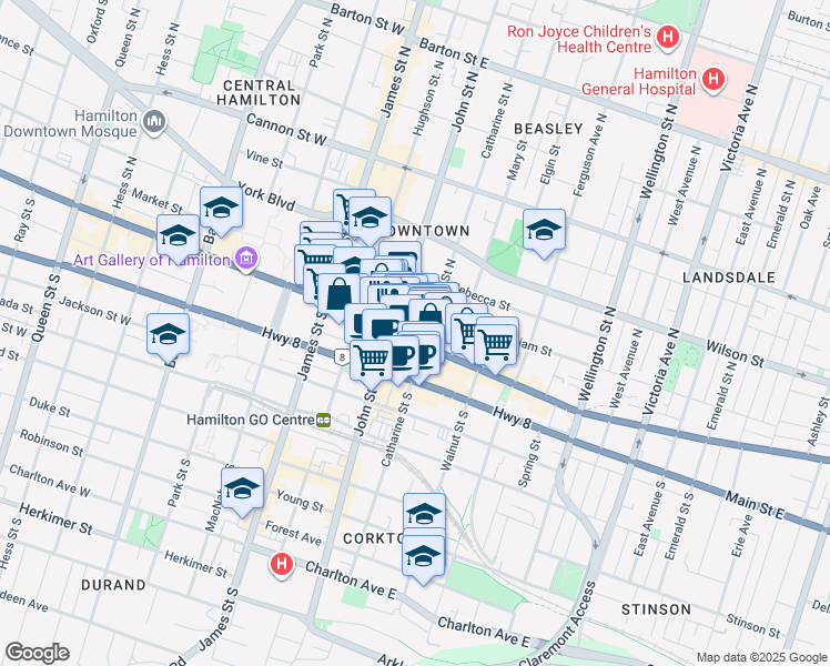 map of restaurants, bars, coffee shops, grocery stores, and more near 115 King Street East in Hamilton