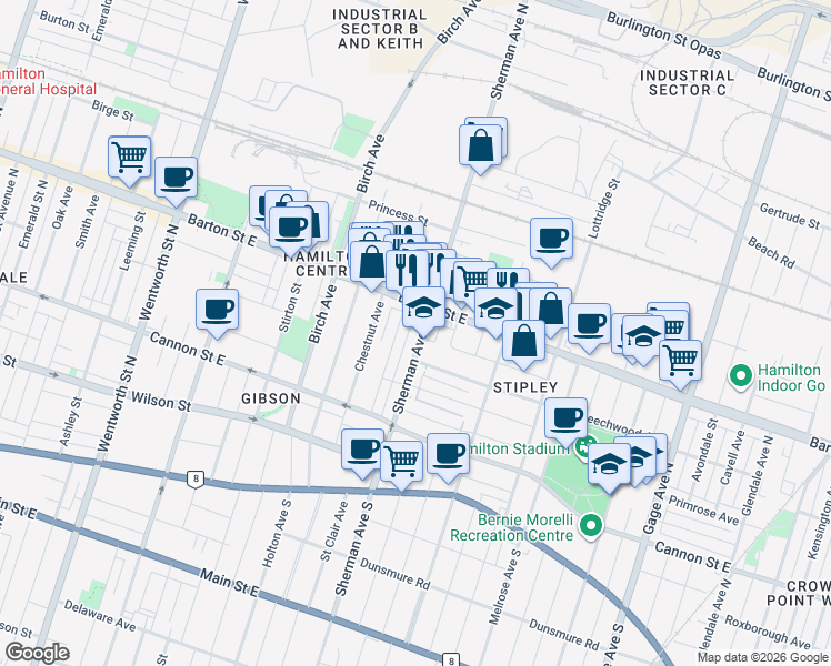 map of restaurants, bars, coffee shops, grocery stores, and more near 143 Sherman Avenue North in Hamilton