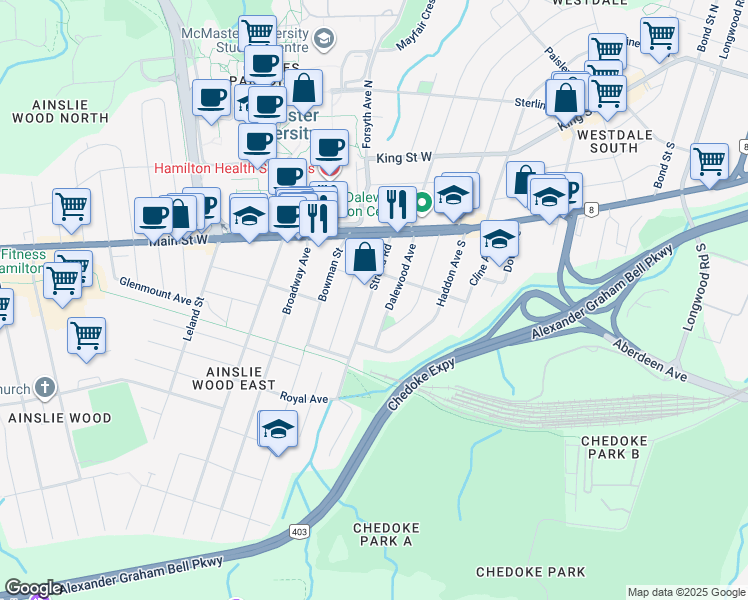 map of restaurants, bars, coffee shops, grocery stores, and more near 73 Stroud Road in Hamilton