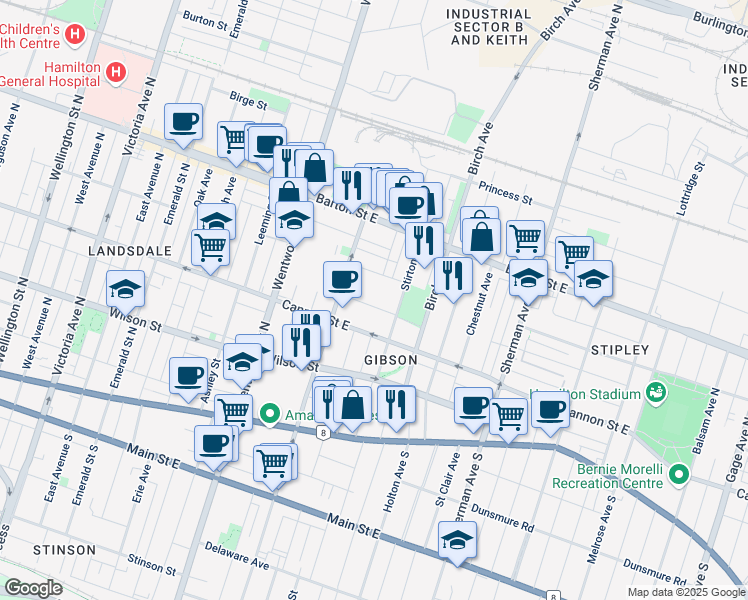 map of restaurants, bars, coffee shops, grocery stores, and more near 24 Harvey Street in Hamilton